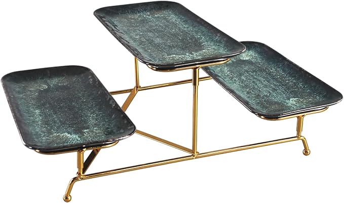 3 Tier Serving Trays for Party, 12 Inch Porcelain Serving Platters and Tiered Trays, Foldable Sturdy Gold Stand, for Food Display, Fruit, Cake Dessert, Decoration Entertaining, Black