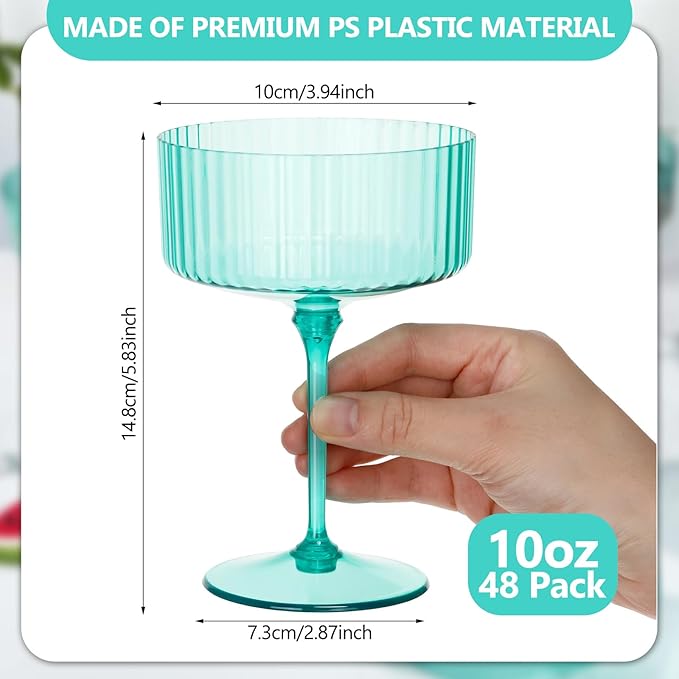 48 Pcs Ribbed Martini Glasses 10 oz Disposable Plastic Vintage Ribbed Coupe Glasses Unbreakable Dessert Parfait Glassware for Wedding Birthday Party Supplies (Light Green)