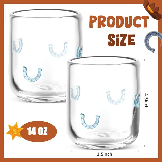 Icon Juice Glasses, 14oz Stemless Wine Drinking Juice Glass Cup for Valentine Party Supplies Gift(2 Pcs,Horseshoe)