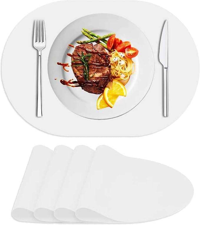 Oval Silicone Placemat Set of 4,Heat Resistant Placemats, Silicone Table Mats,Non-Slip Dining Mat for Home,Waterproof Easy Clean Kids Placemats,17"x12" Ultra-Thin Translucent (4Pcs, White)