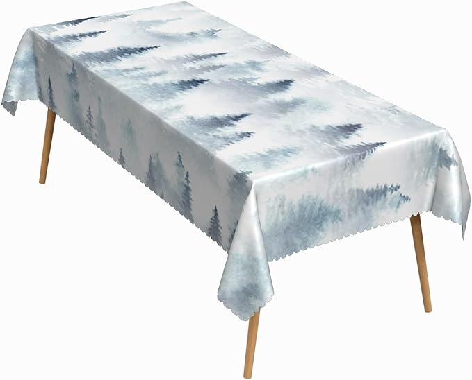52x70 Inch Nordic Winter Nature Rectangle Tablecloth Misty Foggy Pine Trees Forest Table Cloth Waterproof Stain Resistant Table Cover for Kitchen Dining Picnic BBQ Home Holiday Party