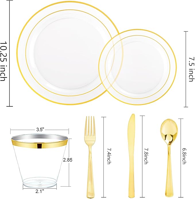 bUCLA 600PCS Clear Plates with Gold Trim - Clear Gold Dinnerware Set Disposable Include 100 Dinner/100 Dessert Plates, 100 Knives, 100 Forks, 100 Spoons, 100 Cups for Wedding, Party