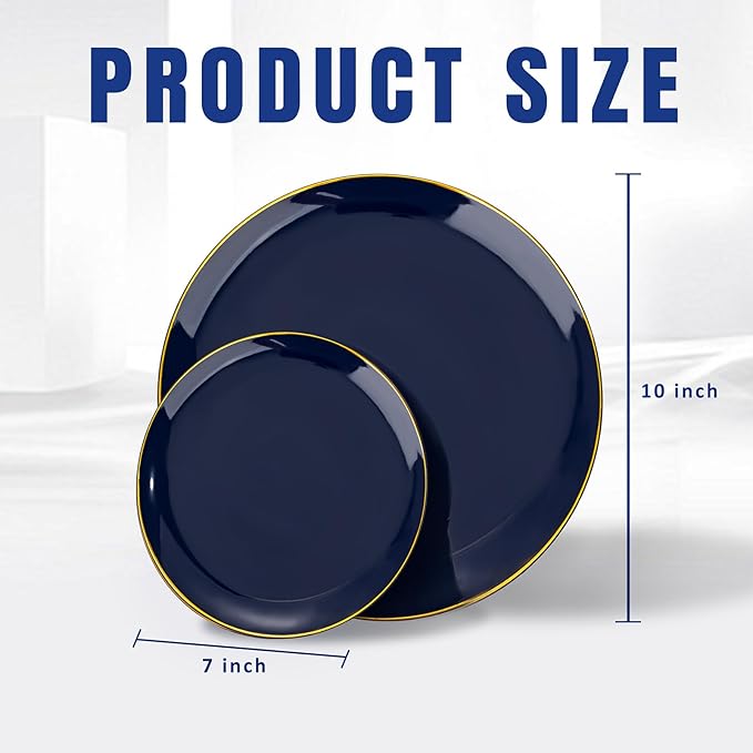 bUCLA 100PCS Blue Plastic Plates - Navy Blue Disposable with Gold Rim, Include 50 Each (10 inch Dinner & 7 inch Dessert) Plates, Ideal for Party and Hanukkah