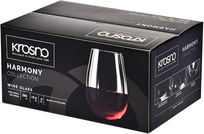 Krosno Stemless Wine Glasses for Red or White Wine, Set of 6, 19.6 oz, Harmony Collection, Perfect for a Veriety of Drinks, Made in Europe