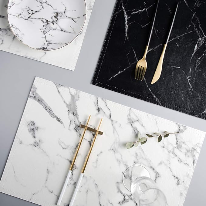 Marble Leather Placemats for Dining Table Waterproof Set of 4 Marble Decor for Kitchen Table Easy to Clean PU Place Mats for Dinning,Office (Marble（Black）)