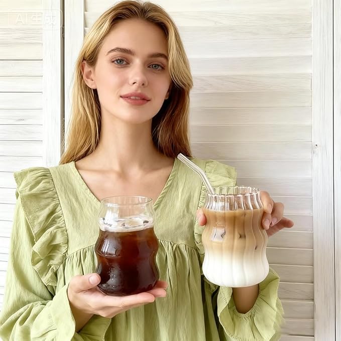 2 Pcs Ribbed Glass Cups, 18 Oz Vintage Drinking Glassware with Wave Shape Design, Bubble Cups for Iced Coffee, Juice, Beverage, Milk, Cocktails, Bubble Tea, and More