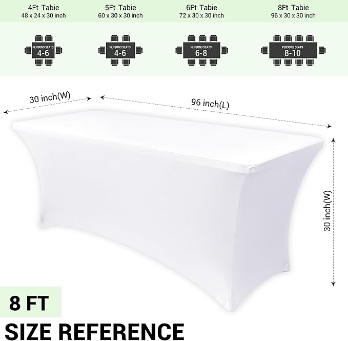 Obstal 6 Pack Stretch Spandex Table Covers for 8 Foot Tables - 8 FT Universal Rectangular Fitted Tablecloth Protector for Wedding, Banquet, Party (White, 96 Length x 30 Width x 30 Height Inches)