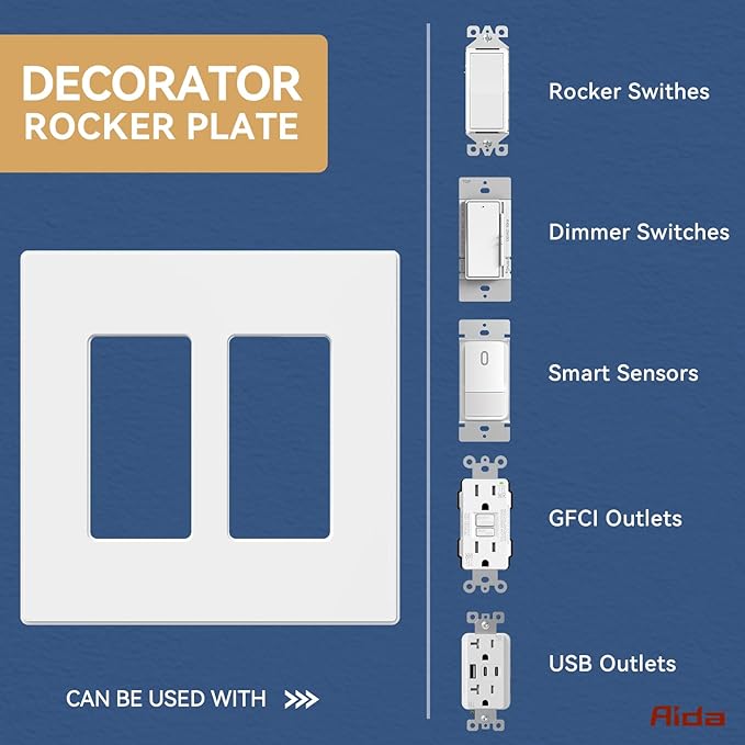 AIDA 10 Pack Screwless Wall Plate cover, 2 Gang Wall Plate Screwless Outlet Switch Covers Outlet Covers Switch Plate Wall Plates for Electrical Outlets and Switches, UL Listed -Matte White