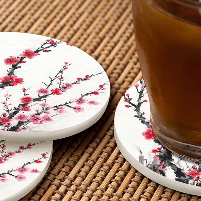 Plum Blossom Coaster Ink Traditional Chinese Painting Beautiful Flower Tabletop Protection for Any Table Type Wood, Granite, Glass, Soapstone, Sandstone, Marble, Stone Tables