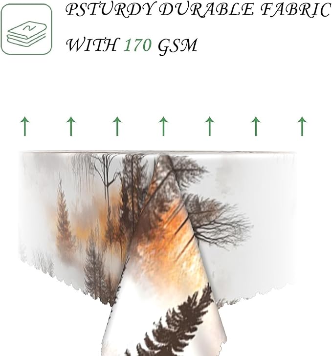 60x120 Inch Nature Rectangle Tablecloth Watercolor Autumn Forest Misty Pine Tree Sunrise Table Cloth Waterproof Reusable Table Cover for Dining Home Kitchen Thanksgiving Picnic BBQ