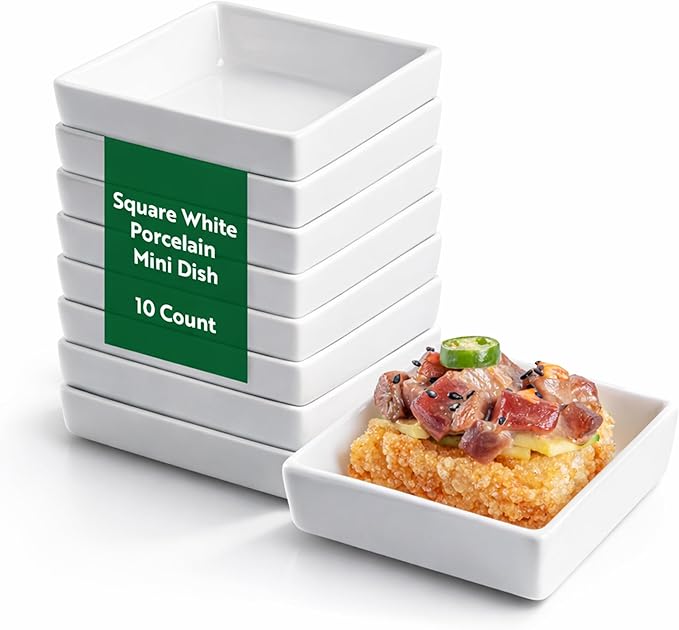 Restaurantware 2.5 Inch Mini Dishes 10 Oven-Safe Square Sauce Dishes - Microwave-Safe Serve Appetizers Desserts or Condiments White Porcelain Tasting Plates For Samples or Individual Portions