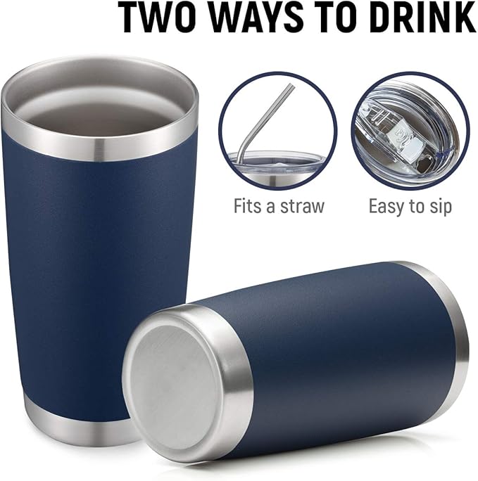 COMOOO 20oz/8Pack Double Wall Vacuum Insulated Coffee Travel Mug Stainless Steel Tumbler Bulk with Lid and Straw Durable Powder Coated Insulated Coffee Cup for Cold & Hot Drinks, Navy, 8 Pack