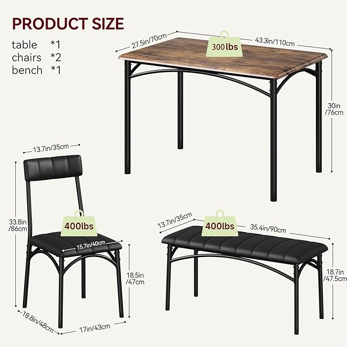 4-Piece Small Dining Table Set – Wood Table with 2 Upholstered Chairs & Bench, Space-Saving Retro Kitchen Dining Set for Small Apartment/Dining Room, Brown