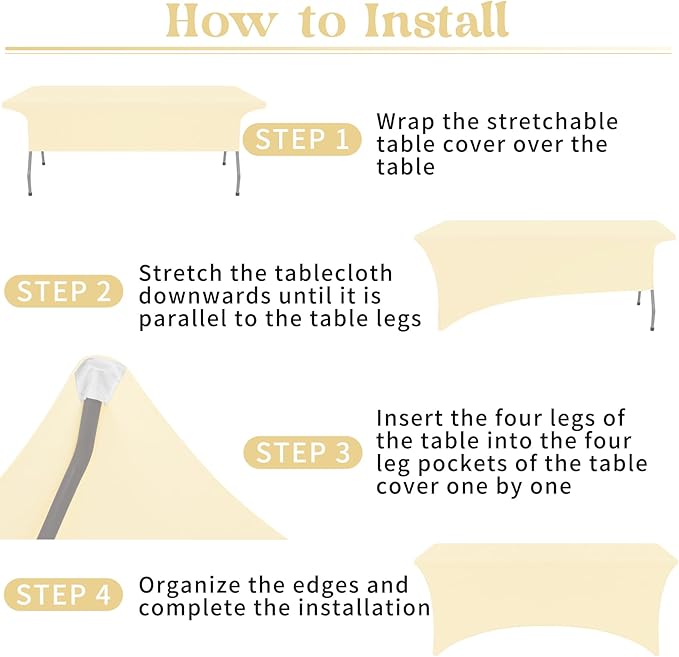 HAISIWLKJ 3 Pack Table Cloth 8ft Beige Tablecloths for Rectangle Folding Table Spandex Fitted Stretch Table Cover Wrinkle Resistant Washable Table Protector for Party, Wedding, Banquet, Festival.