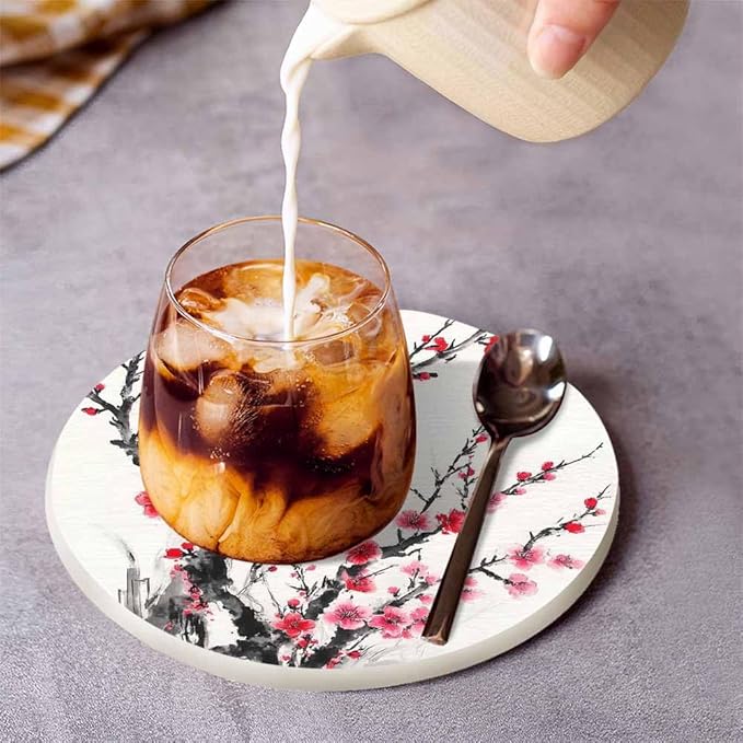 Plum Blossom Coaster Ink Traditional Chinese Painting Beautiful Flower Tabletop Protection for Any Table Type Wood, Granite, Glass, Soapstone, Sandstone, Marble, Stone Tables