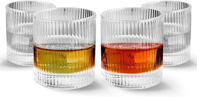 LEMONSODA Vintage Straight Line Lowball Drinking Glass 10oz Set of 4, Tumbler for Cocktails, Whiskey, Juice, Water Premium Gift Boxing Included
