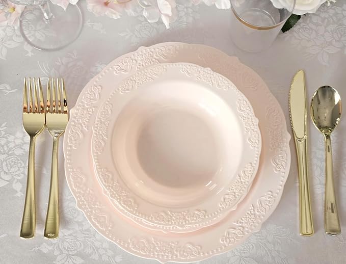 " OCCASIONS " 50 Plates Pack (25 Guests) Vintage Wedding Party Disposable Plastic Plate Set -25x10.25'' Dinner +25x7.5'' Salad/Dessert plates (Portofino in Light Pink)