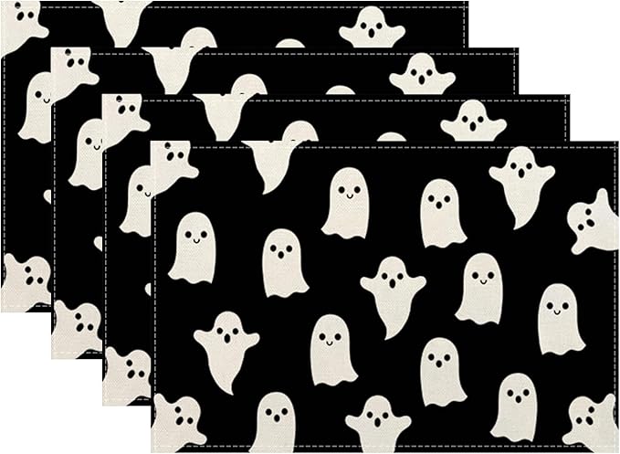 Halloween Placemats 12x18 Inches Set of 4,Black Beige Ghost Decorative Rectangle Autumn Halloween Decoration Black Ghost Table Mats for Party,Home Kitchen,Dining Table Decor