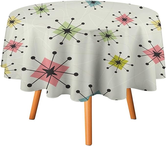 Retro Mid Century Round Tablecloth, Vintage Modern Colorful Abstract Geometric Art Bohemian Tablecloth for Home Party Dining Room Kitchen Decor 60Inch(152cm)