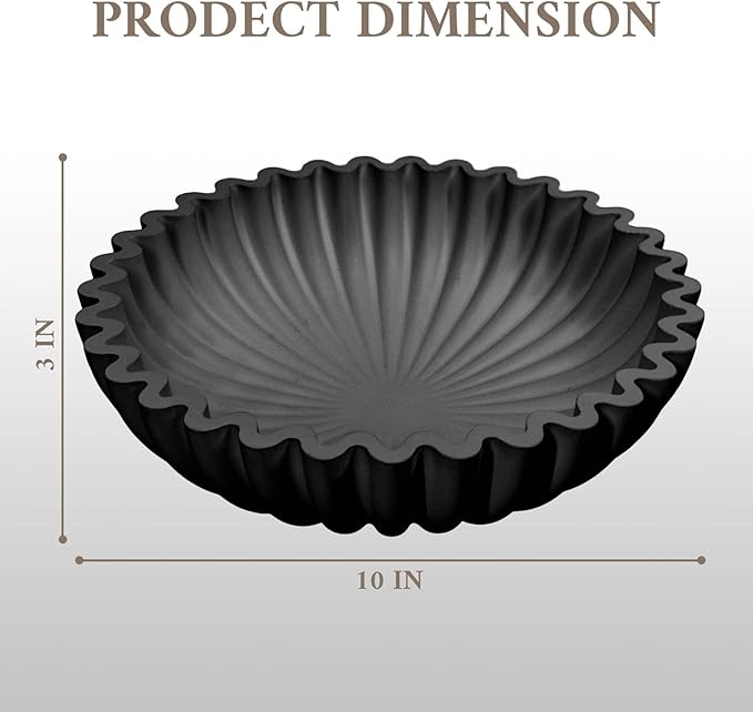 MAONAME Concrete Decorative Bowl, Black Fruit Bowl for Kitchen Counter, Modern Handicraft Coffee Table Key Bowls, Large Scalloped Ruffle Bowl for Entryway, Home Decor