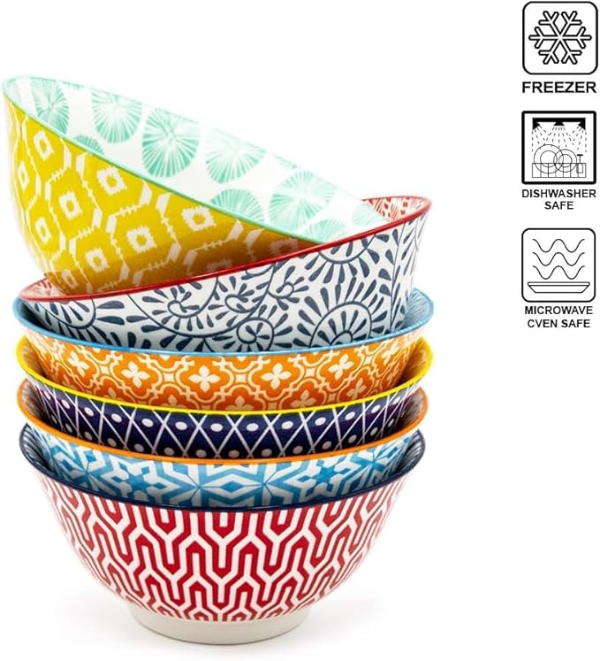 KitchenTour Ceramic Bowls Set - 10 oz Serving Bowls For Kitchen - Cereal, Ice Cream, Soup, Salad, Rice, Dessert Ceramic Bowls - Assorted Colorful Set of 6 - Microwave Dishwasher Safe - 5 Inch