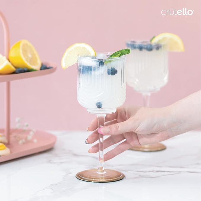 Crutello Vintage Wine Glasses Set of 4-14 oz Glass Sets - Fancy Unique Art Deco Glassware - Long Stemmed Fun Drinking Glasses for Red and White Wine, Cute Cocktail, or Fun Mocktails