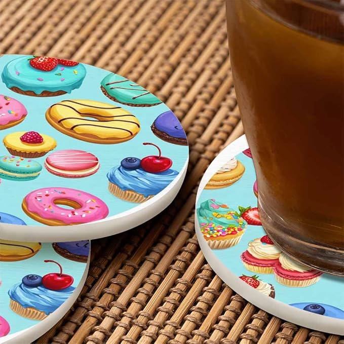 Sweets Ornament Table Coasters for Drinks Cupcake Dessert Cream Bake Cake Donut Pastry Macaron Chocolate 100% Diatomite Home and Dining Room Bar Decor 4 X 4 X 0.35 Inch for Men Women