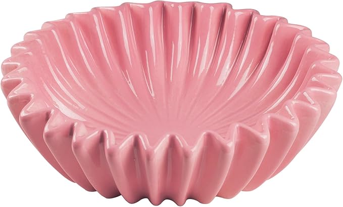 Large Ceramic Fruit Bowl Pink Decorative Bowl for Coffee Table Entryway Kitchen Modern Home Decor Centerpiece 9.5 Inches Ruffle Fluted Scalloped Bowl