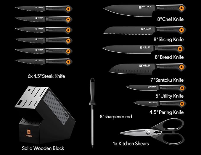 WIZEKA Kitchen Knife Block Set: 15 Pieces Dishwasher Safe Knives Set for Kitchen, Ultra Sharp Black Knife Set With Sharpener, Non-Slip Handle, Anti-Rust Coating, Dark Vision Series