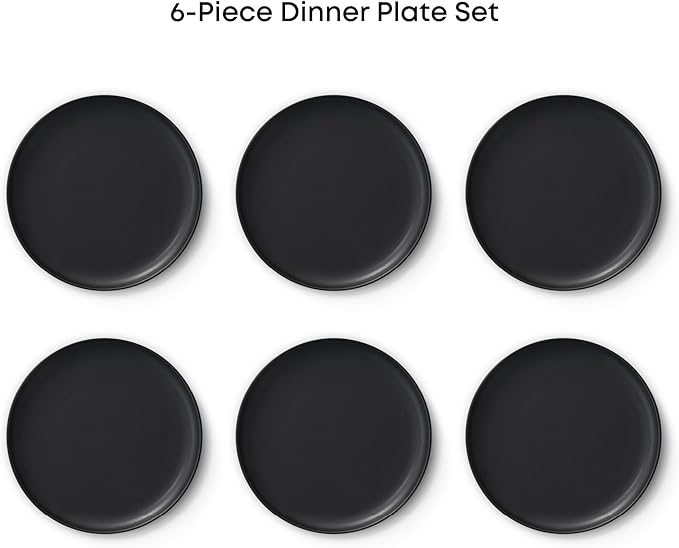 JoyJolt Mesa Stoneware Dinner Plates Set of 6, 10.5" Dish Set, Dishwasher and Microwave Safe Plate Set, Modern Rustic Dinnerware, Kitchen Serving Dishes - Matte Black