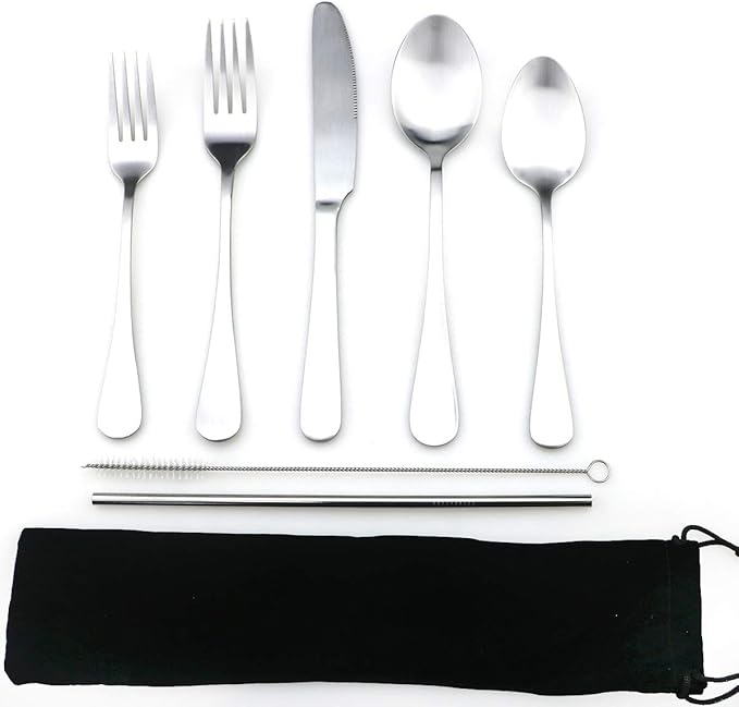 JASHII Modern Royal 5 Pcs Matte Silver 18/10 Stainless Steel Utensils Cutlery Dinnerware Set w/Drinking Straw, Knife Fork and Spoon Flatware Set for Wedding Festival Christmas Party Service for 1