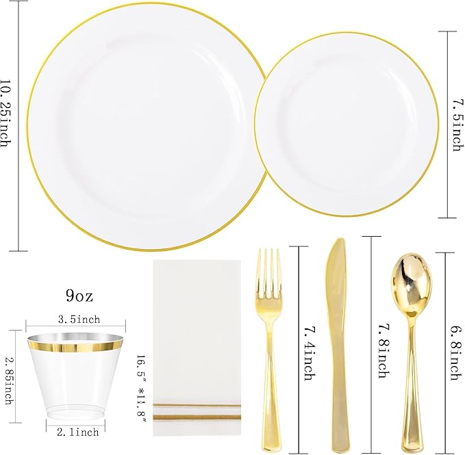 SUT 700Pcs Disposable Dinnerware Set for 100 Guests, White and Gold Plastic Plates, Party Plates and Cups and Napkins Sets, plates and Napkins Party Supplies, Gold plastic Silverware for Party Wedding