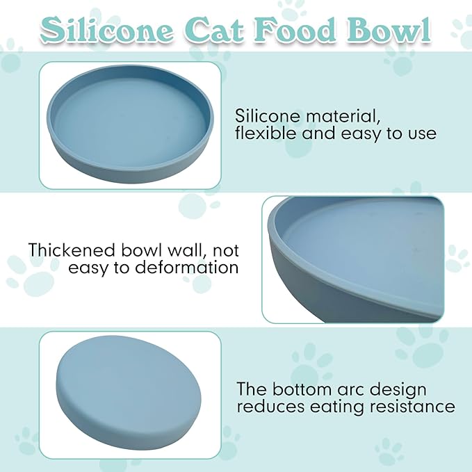 Silicone Cat Food Bowl Shallow Dishes 5.9in Wide Cats Bowls Set of 2 Kitty Plates Relief Whisker Fatigue Puppy Feeding Bowl for Dry Food and Wet Food Indoor (Round Blue)