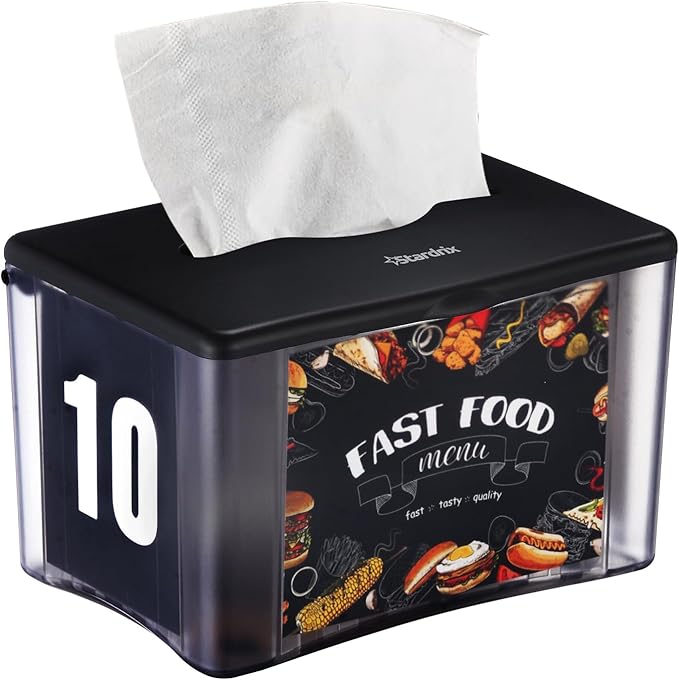 Interfold Tabletop Napkin Holder, Commercial Restaurant Napkin Dispenser with 4-Sided Marketing Insert Display, Easy-Access Black Napkin Dispenser for Counters & Tables