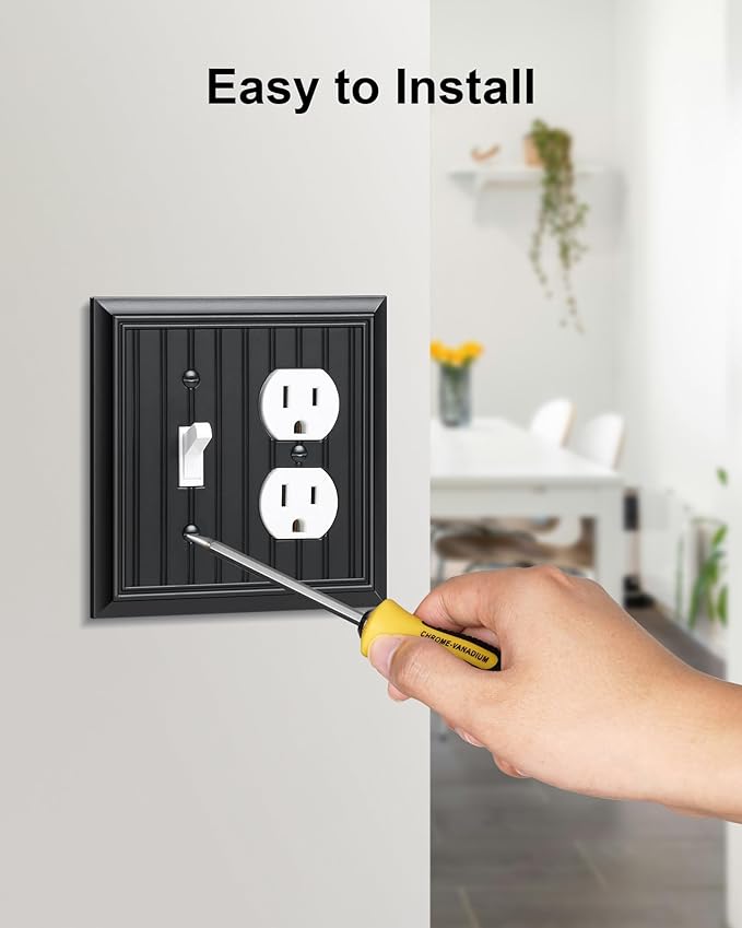 2-Pack Classic Beadboard Combo Toggle/Duplex Light Switch Cover Plate, Matte Black Outlet Cover Plate, Natural Bamboo Fiber Decorative Wall Receptacle Cover for Electrical Outlets, Light Switch