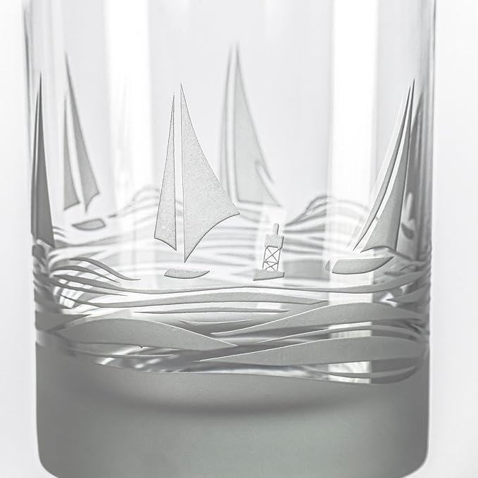 Rolf Glass Regatta 13oz Double Old Fashioned Glass | Set of 2 Whiskey Cocktail Tumblers | Engraved and Lead-Free | Made in the USA | Nautical Sailboat Design