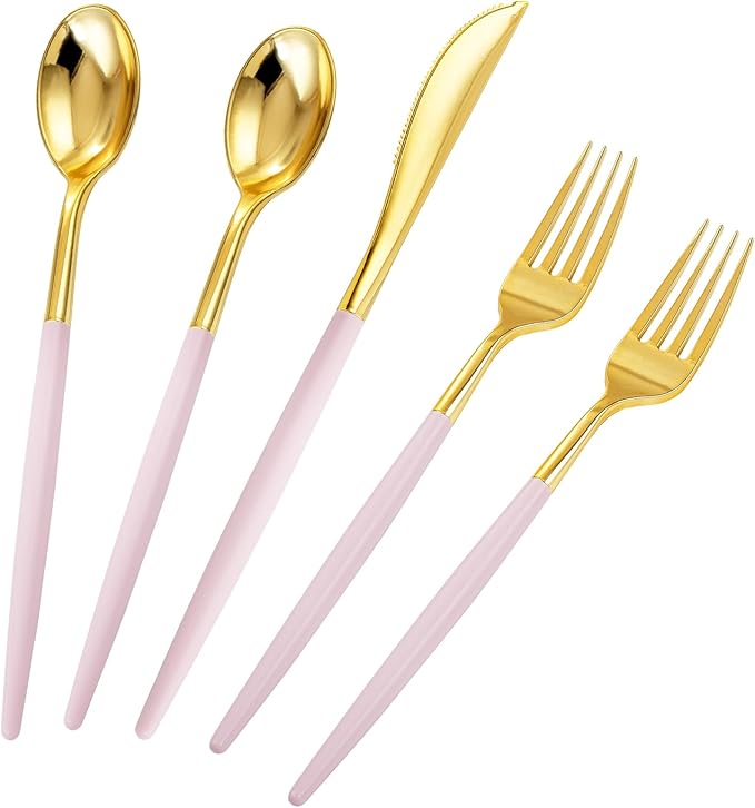Rubtlamp 90Pcs Gold Plastic Silverware, Valentine's Day Utensils Set With Pink Handles Include 30 Gold Knives, 60Plastic Forks and Spoons, Pink Silverware Heavy Duty For Mother's Day