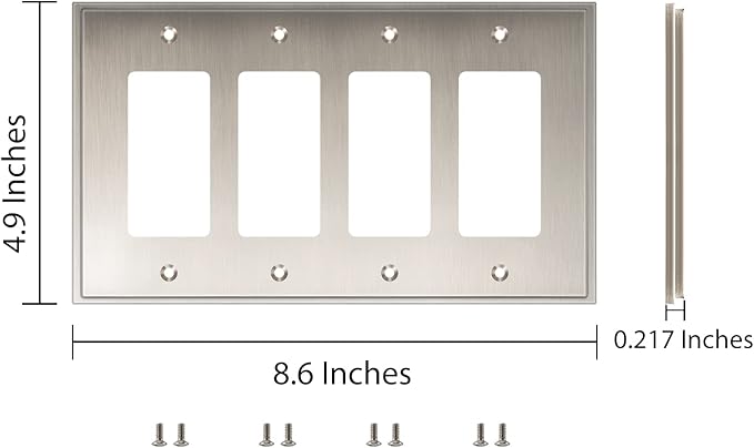 Henne Bery Soft Modern Decorative Wall Plate Switch Plate Outlet Cover (Quad Decorator, Satin Nickel)