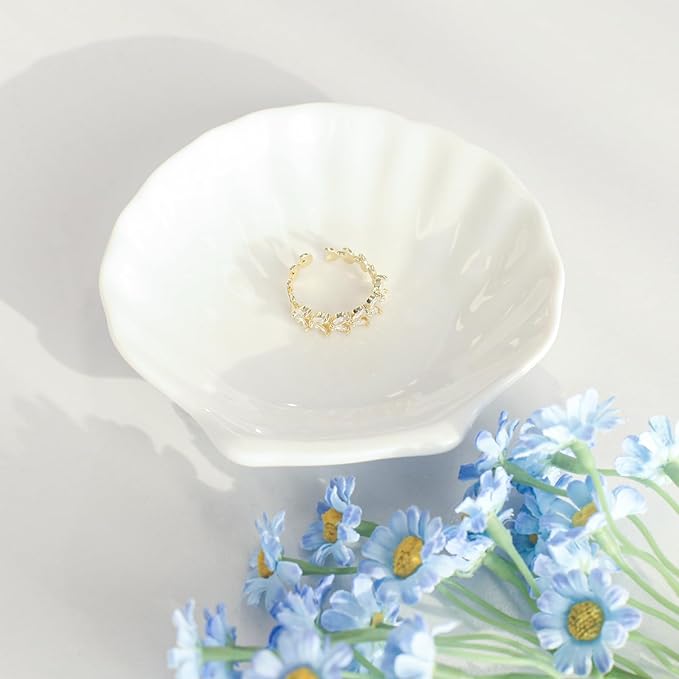 Shell Ring Dish Tray, Ceramic Jewelry Tray Trinket Dish, Seashell Key Holder Bowl, Beach Room Coastal Decor Aesthetic, Ocean Bathroom Counter Decor, White, Small