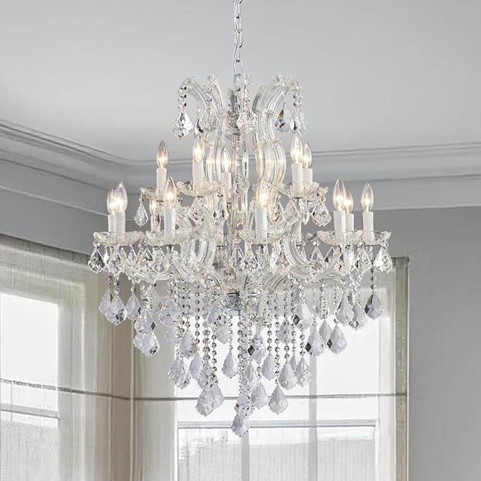 Modern Chrome Chandelier Light Fixture - Luxury Maria Theresa Crystal Chandeliers for Dining Room, Kitchen Island, Living Room, Bedroom, 15 Lights, 2 Layers