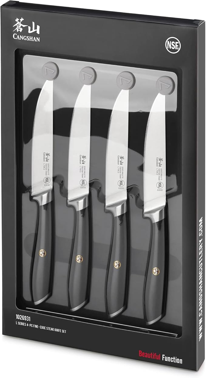 Cangshan L Series 4-Piece Fine-Edge Steak Knife Set, Forged German Steel, Black, 1026931