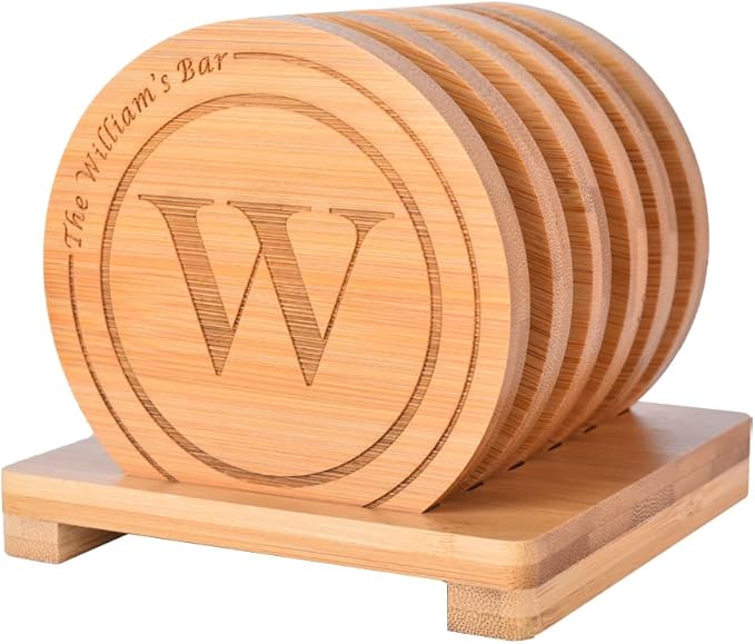 Personalized Bamboo Coasters, Custom Engraved Monogram Coasters with Holder, Great Gifts for Relatives, Friends or Yourself (Set of 6)