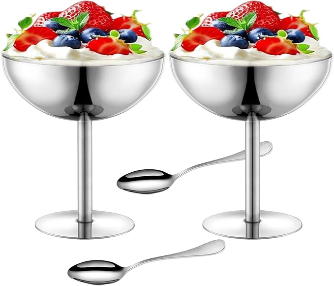 Ice Cream Bowls Stainless Steel Dessert Cups with Spoons Reusable Footed Sundae Cups Ice Cream Cups for Dessert, Frozen Yogurt, Gelato, Birthday Party Decorations (2, Silver)