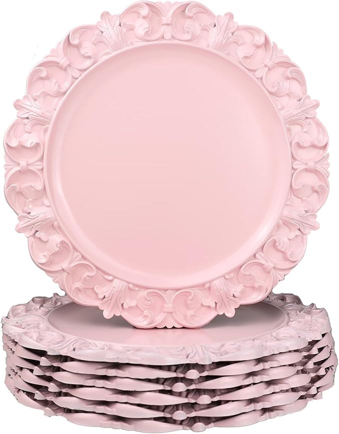 13" Pink Charger Plates, Set of 6 Plastic Textured Chargers for Dinner Plates with Embossed Rim, Table Décor, Party, Wedding, Holiday