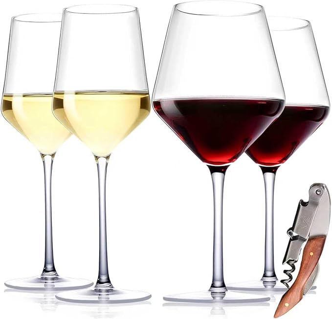 Physkoa Wine Glass Set of 4 – 2 Red Wine (23oz) & 2 White Wine (14oz) Hand-Blown Crystal Glasses with Corkscrew, Perfect for Christmas, Wedding & Housewarming Gifts