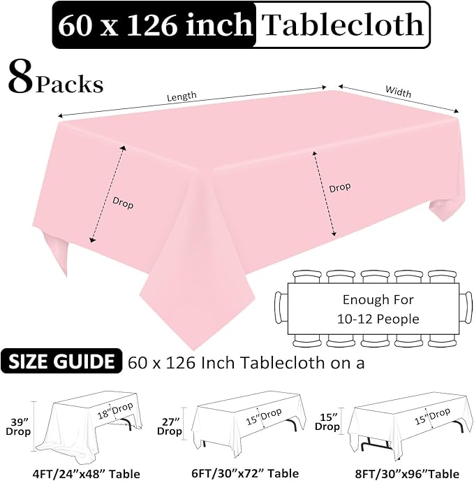 8 Pack Pink Valentine's Day Tablecloth 60 x 126 Inch Rectangular Tablecloths for 8 Foot Rectangle Tables, Wrinkle Resistant Pink Table Cloth Washable Polyester Fabric for Buffet Wedding Party Banquet