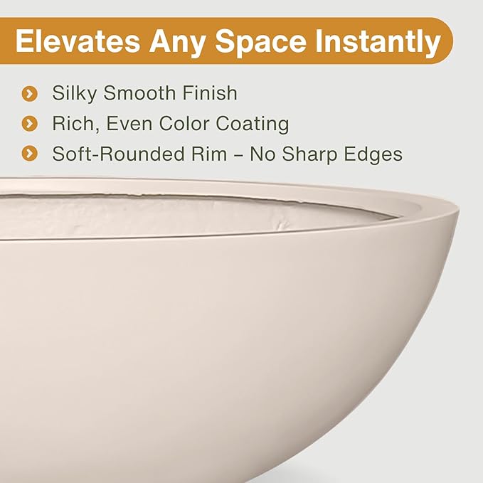 7.7" H x 22" D Round Bowl Fiberstone Planter for Succulent and Lotus with Drainage Hole, Smooth Finishes, Weather Resistant, Included 2 Extra Coco Mats (Kilim Beige, 19.9" Pot Opening)