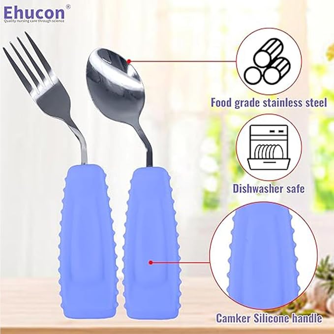 Adaptive Utensils for Hand Tremors,Weighted Utensils with Non-Slip Handle to Easy Grip for Elderly Use(Right Hand 1 pc Fork+1 pc Spoon=2 pcs, Purple)
