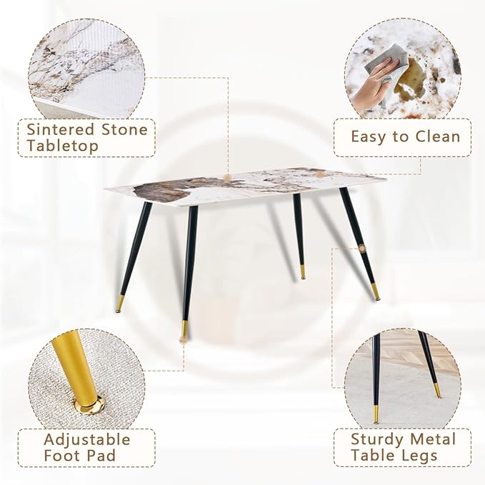 Table and Chairs Set of 4, Dining Room Table Set for 4, Sintered Stone Kitchen Table Top and Modern Chairs Set of 4 for Kitchen Dining Room