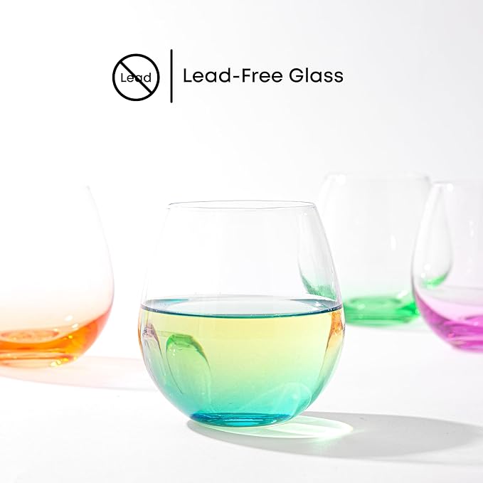 JoyJolt Hue Stemless Wine Glass Set, Large 15 oz Stemless Wine Glasses Set of 6 for White Red or Water, Short Glass Tumblers, No Stem Margarita Glasses, Colored Tumbler